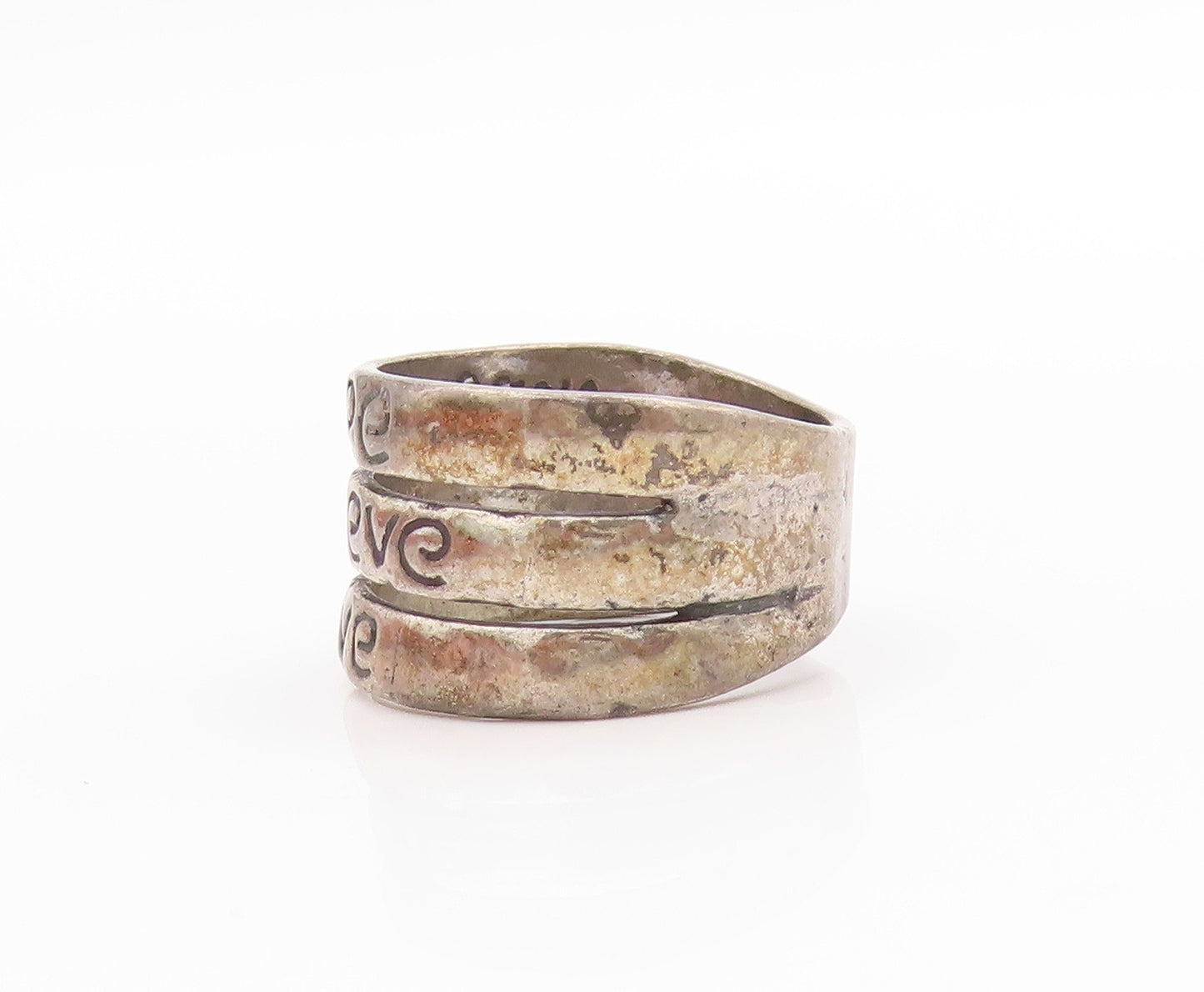 925 Sterling Silver Vintage Ring Dark Tone Hope Believe Love Band  Sz 8  RG33608