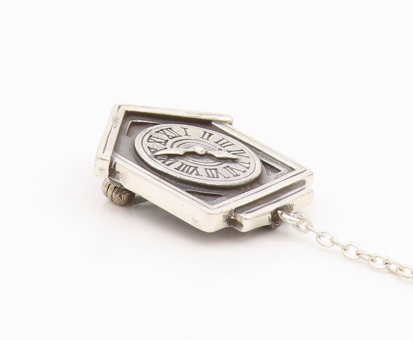 925 Sterling Silver Vintage Brooch Carved House Pendulum Wall Clock  BP11682