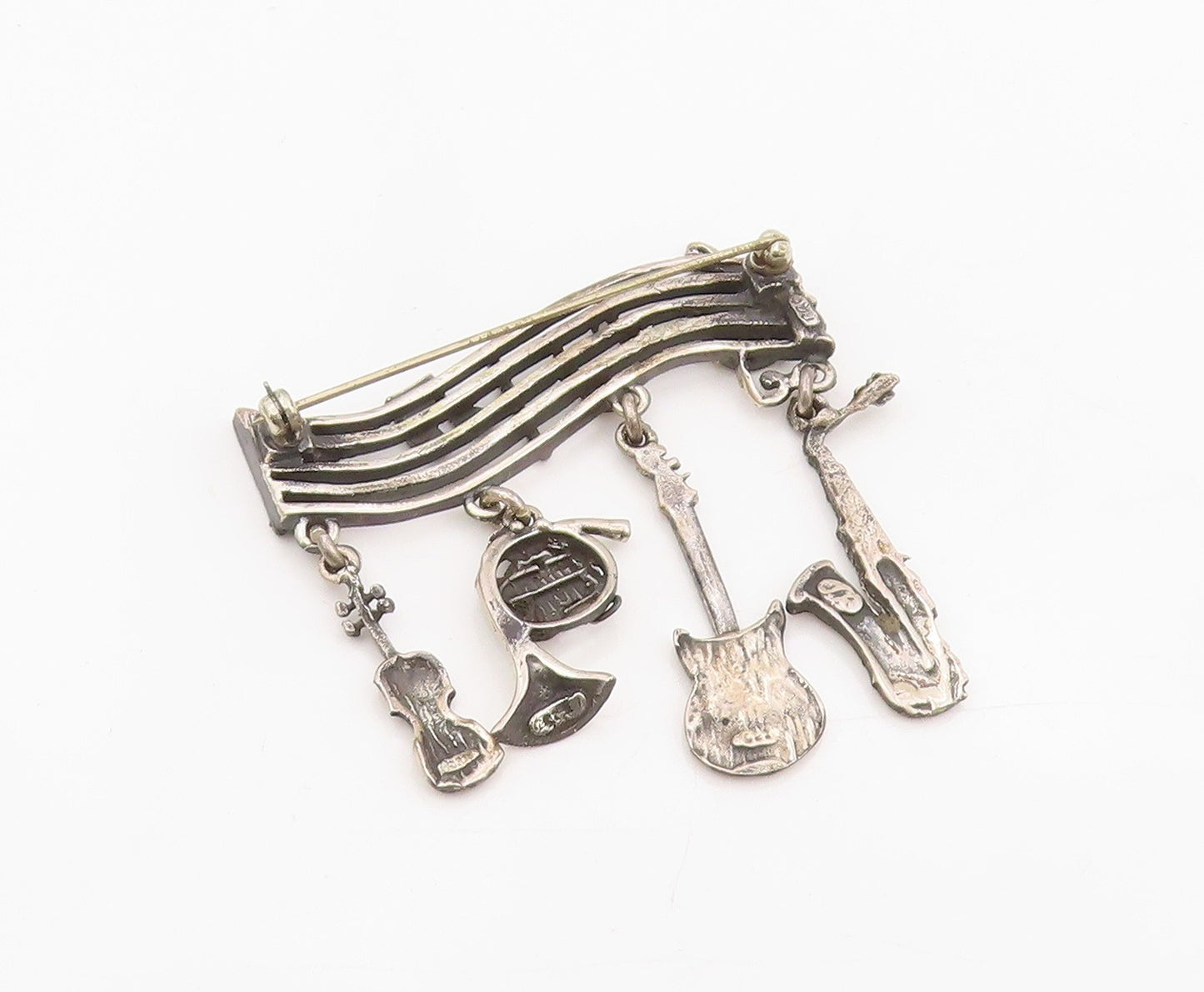 925 Sterling Silver Vintage Brooch Musical Notes & Instrument Charm Pin  BP12058