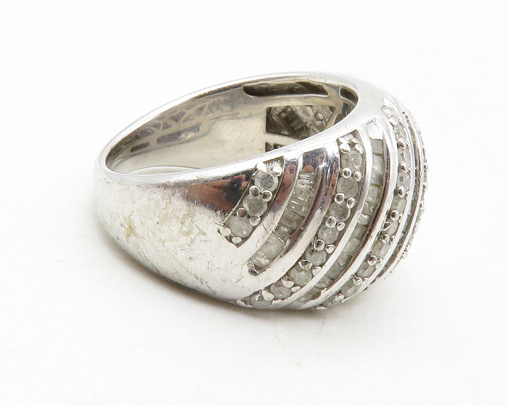 925 Sterling Silver  Genuine Diamonds Shiny Slanted Band Ring Sz 6  RG12505