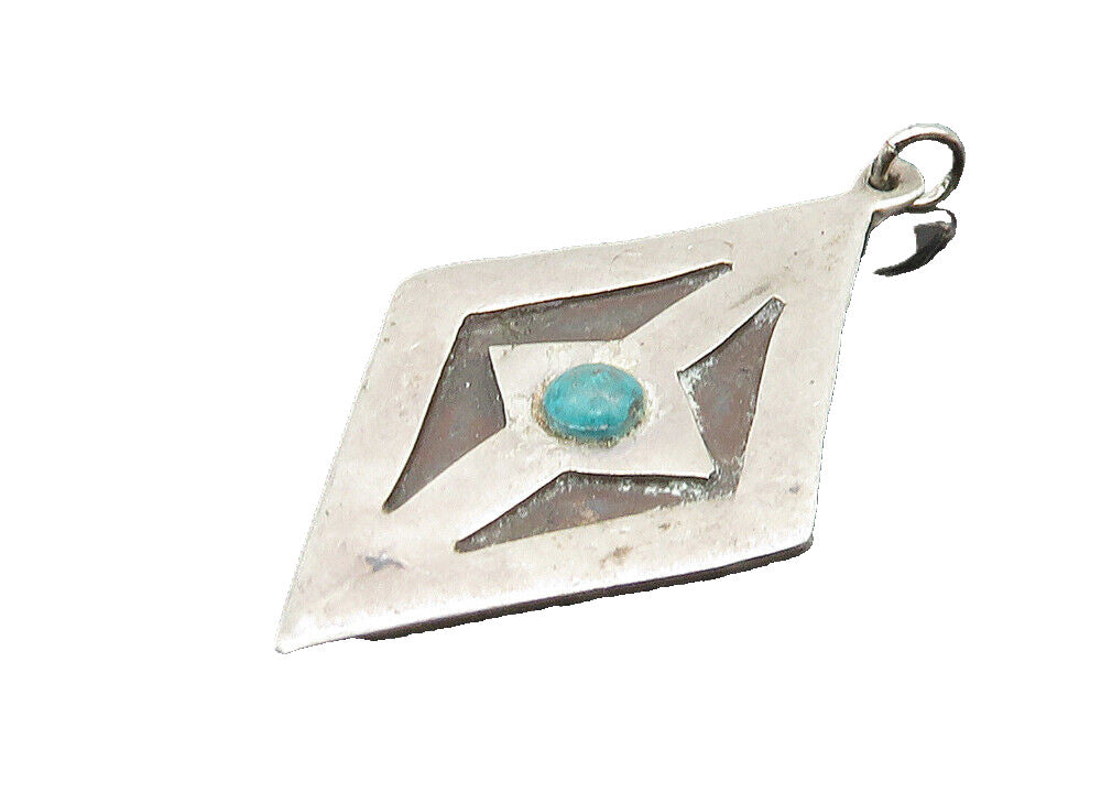 MEXICO 925 Silver  Vintage Antique Turquoise Diamond Shape Pendant  PT15718