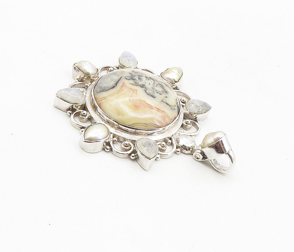 925 Sterling Silver  Vintage Agate Moonstone & Pearls Floral Pendant  PT6457