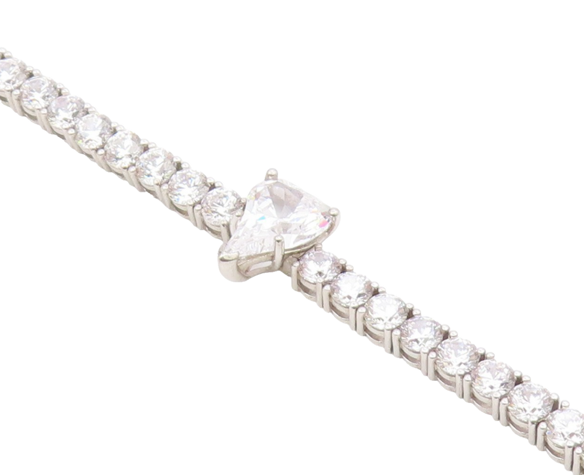 925 Sterling Silver Vintage Bracelet Heart Cut CZ Main Stone & CZ Band  BT10203