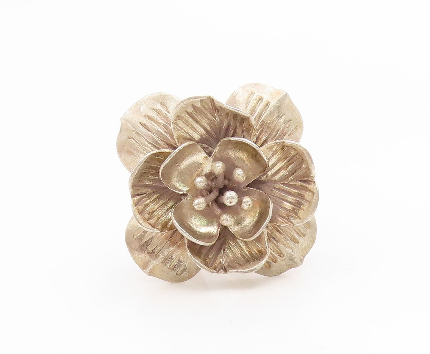 925 Sterling Silver Vintage Ring Modernist Etched Hibiscus Flower  Sz 5  RG35158