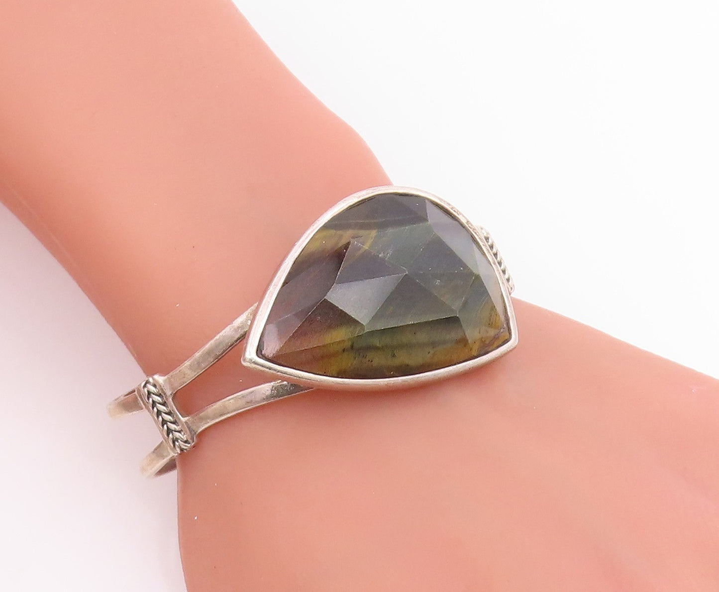 925 Sterling Silver Vintage Bracelet MELANIE BARSE Faceted Gemstone Cuff BT11843