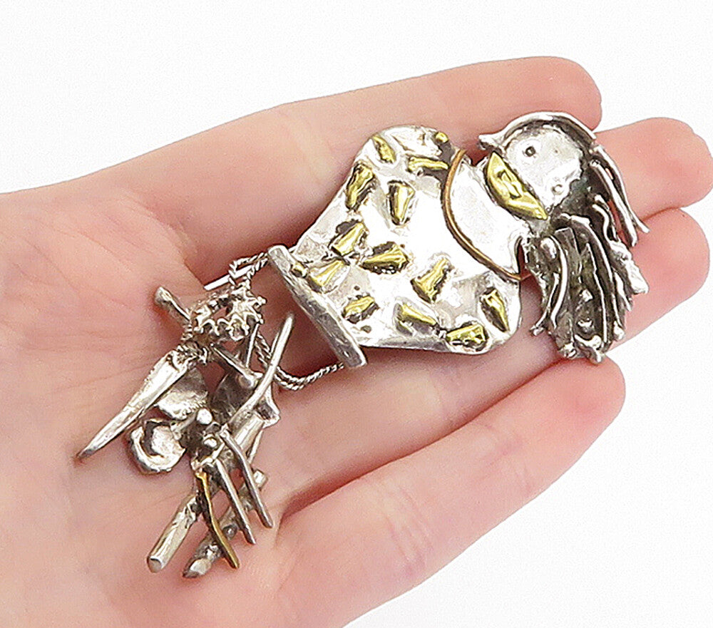 925 Sterling Silver  Vintage Antique 2 Tone Dangling Charms Brooch Pin  BP2262