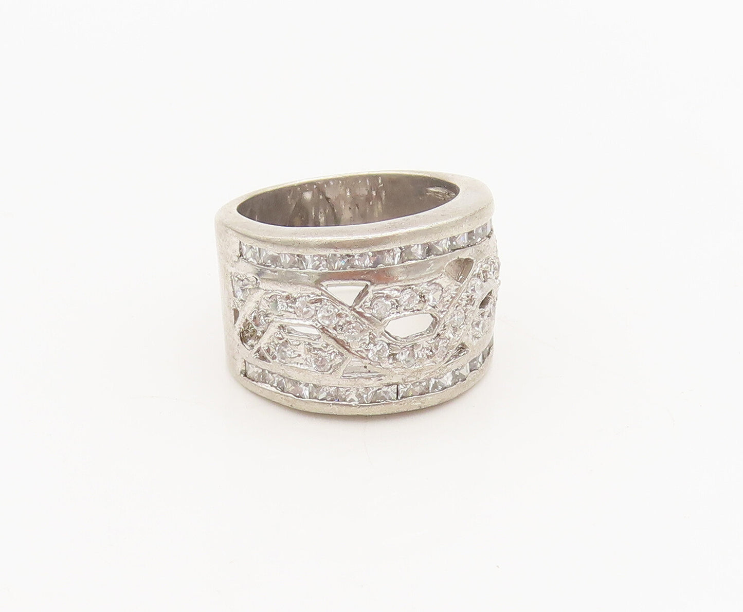 925 Sterling Silver  Vintage Carved Broad Band CZ Solid Ring Sz 6  RG26931