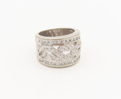 925 Sterling Silver  Vintage Carved Broad Band CZ Solid Ring Sz 6  RG26931