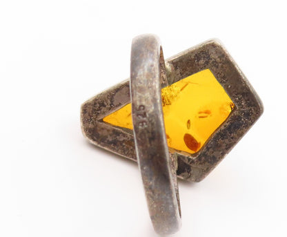 925 Sterling Silver Vintage Ring Amorphas Shape Cut Honey Amber  Sz 8.5  RG32677