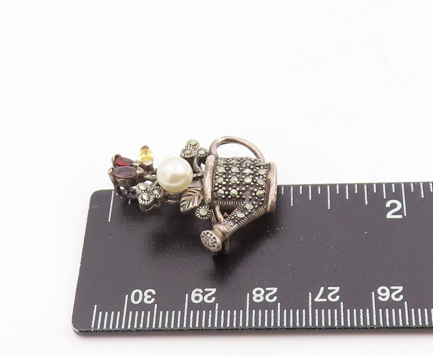 925 Sterling Silver Vintage Brooch Pearl & Multi Gemstone Watering Can  BP12026