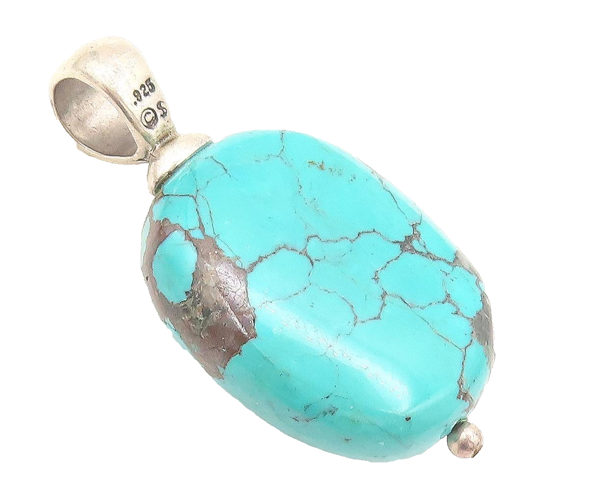 925 Sterling Silver  Vintage Solid Oval Turquoise Drop Etched Pendant  PT22357