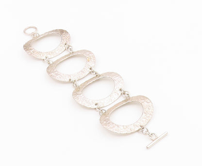 925 Sterling Silver  Vintage Shiny Hammered Oval Link Chain Bracelet  BT3109