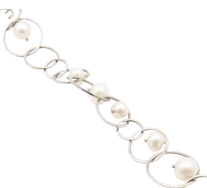 925 Sterling Silver  Vintage Cultured Pearl Open Circle Chain Bracelet  BT8935