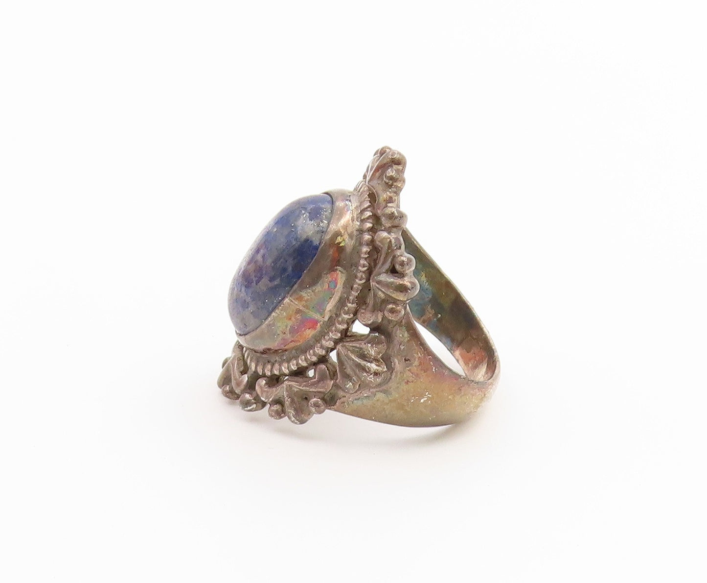 925 Sterling Silver Vintage Ring Cabochon Lapis Lazuli Flower  Sz 8  RG36886