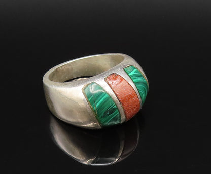 MEXICO 925 Silver  Vintage Malachite & Drusy Quartz Dome Ring Sz 7.5  RG25869