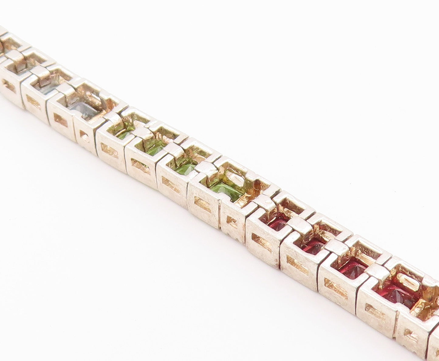 925 Sterling Silver Vintage Bracelet Square Cut Gemstone Tennis Link  BT12179