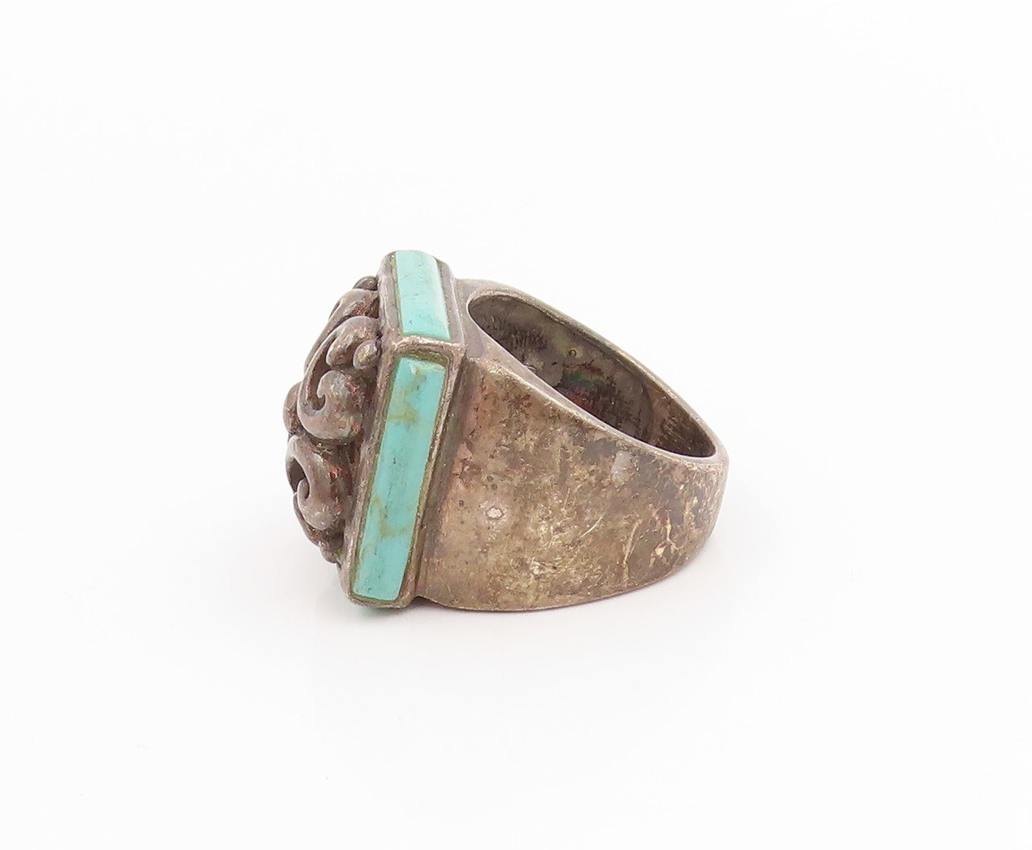 925 Sterling Silver Vintage Ring Turquoise Dark Tone Floral Band  Sz 7  RG33854