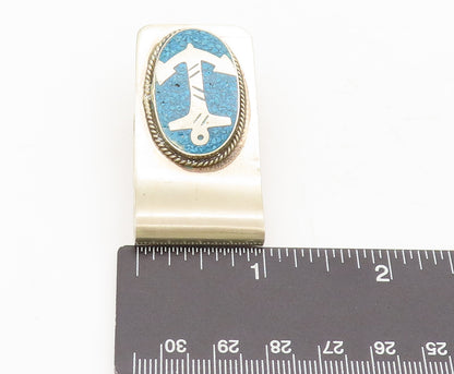 MEXICO 925 Silver  Vintage Crush Turquoise Carved Anchor Money Clip  TR3663
