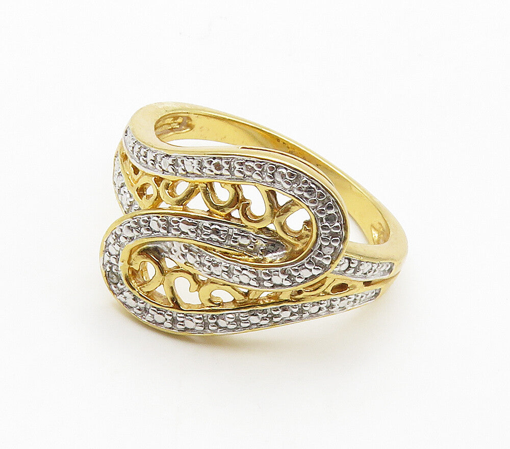 925 Sterling Silver  Genuine Diamond Gold Plated Bypass Ring Sz 8  RG16052