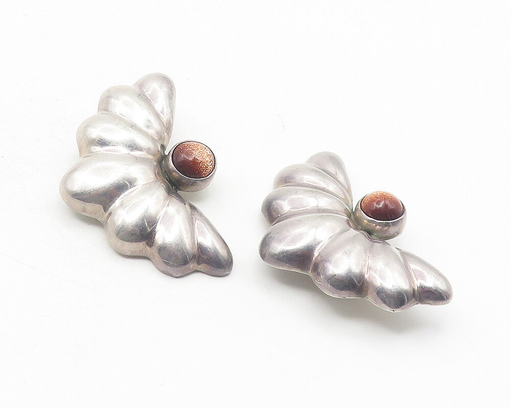 MEXICO 925 Sterling Silver  Vintage Goldstone Non Pierce Earrings  EG6034