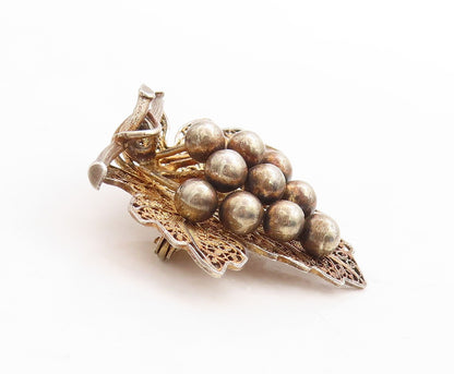 925 Sterling Silver Vintage Brooch Pin EUROPE Gold Plated Grapes Leaf  BP11353