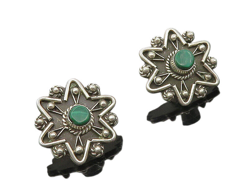 MEXICO 925 Sterling Silver  Vintage Malachite Floral Drop Earrings  EG8894