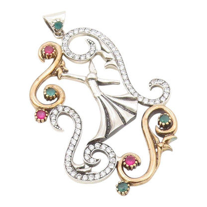 925 Sterling Silver  Pink Green & White Topaz Two Tone Swirl Pendant  PT10622