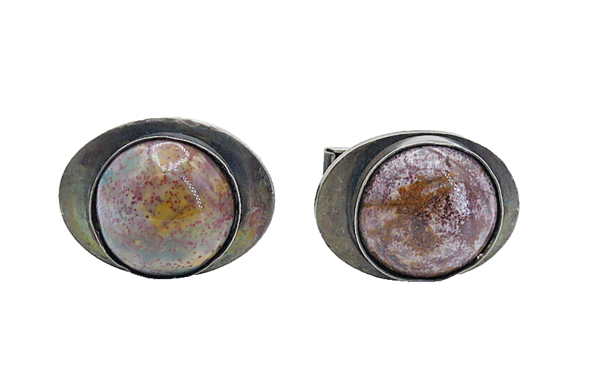 BEBE 925 Sterling Silver  Vintage Cabochon Cut Jasper Round Cuff Links  TR1295