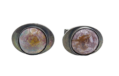 BEBE 925 Sterling Silver  Vintage Cabochon Cut Jasper Round Cuff Links  TR1295
