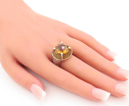 925 Sterling Silver Vintage Ring Gold Plated Beaded Round Citrine  Sz 7  RG29035