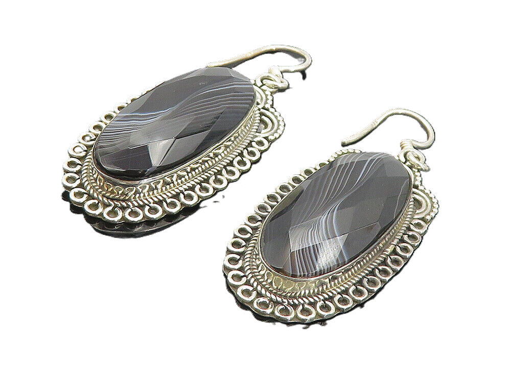 925 Sterling Silver  Vintage Faceted Black Agate Oblong Dangle Earrings EG3751