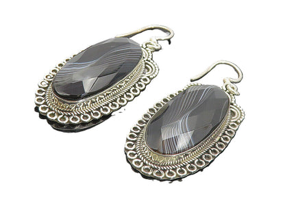 925 Sterling Silver  Vintage Faceted Black Agate Oblong Dangle Earrings EG3751