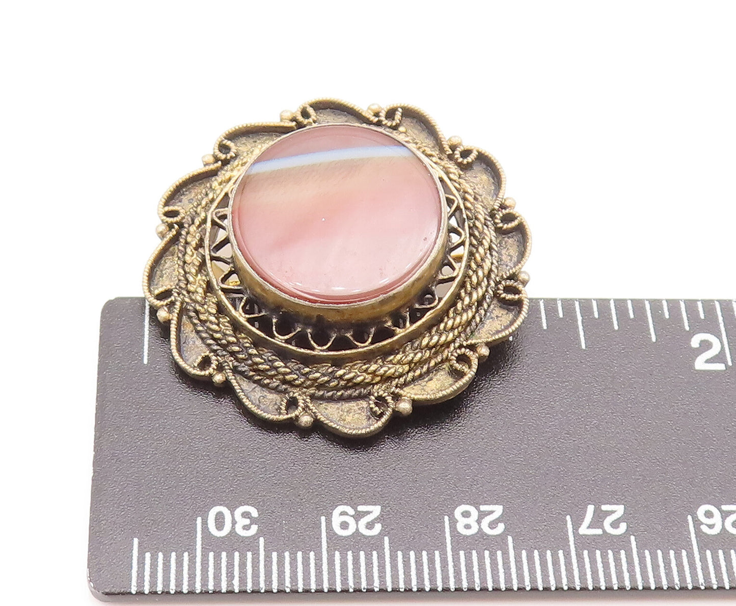 925 Silver  Vintage Brown Agate Halo Golden Filigree Work Brooch Pin  BP10325