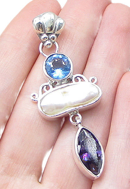925 Silver  Bezel Set Mother of Pearl Amethyst & Blue Topaz Drop Pendant PT1374