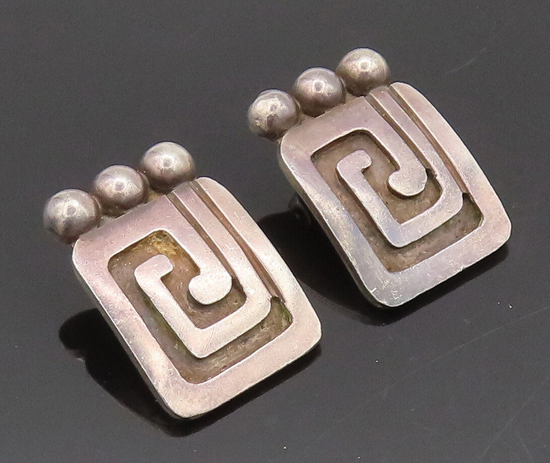 925 Sterling Silver  Vintage Beaded Carved Maze Press Back Earrings  EG12690