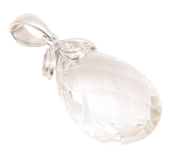 925 Sterling Silver Vintage Pendant Minimalist Large Drop Cut Quartz  PT22644