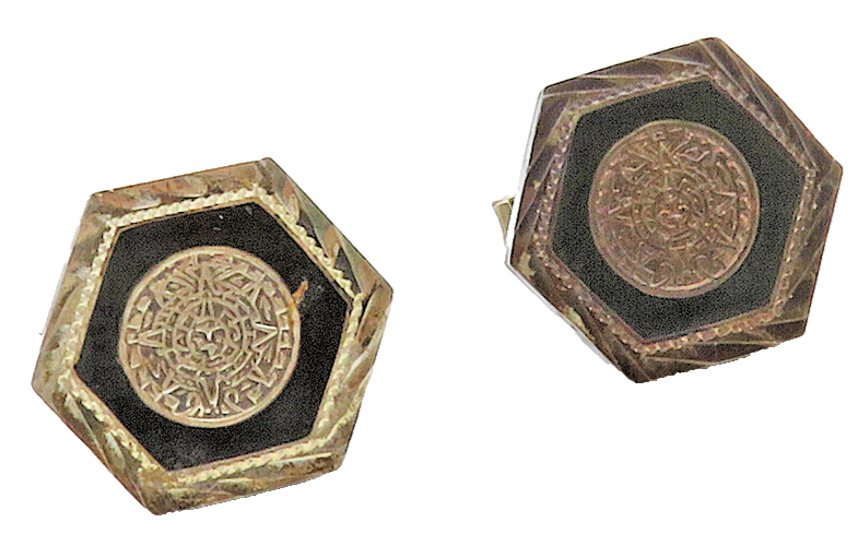 MEXICO 925 Sterling Silver Vintage Onyx Aztec Sun Calendar Cufflinks TR2177