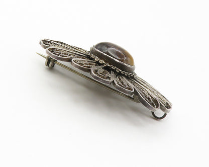 ISRAEL 925 Sterling Silver  Vintage Tiger's Eye Filigree Brooch Pin  BP5598