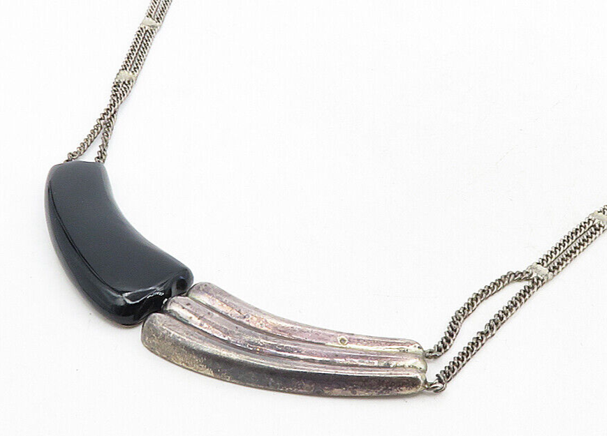 925 Sterling Silver  Vintage Black Onyx Fluted Dark Tone Chain Necklace NE1702