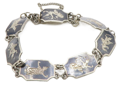 SIAM 925 Sterling Silver  Vintage Enamel Niello Dancer Chain Bracelet  BT4992