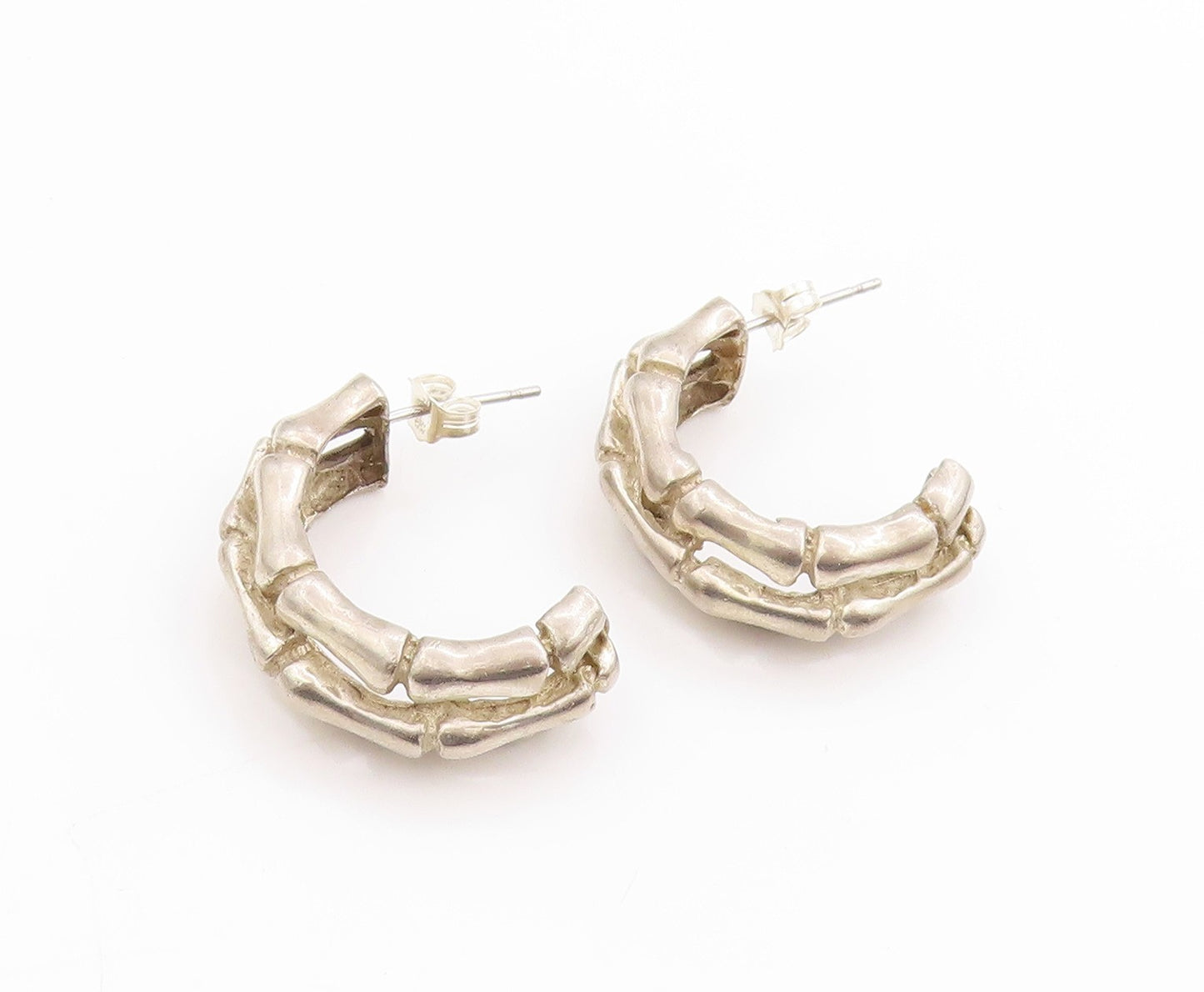 925 Sterling Silver Vintage Earrings Solid Textured Bamboo Design Hoops  EG13685