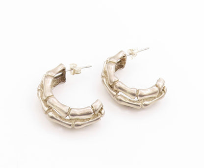 925 Sterling Silver Vintage Earrings Solid Textured Bamboo Design Hoops  EG13685