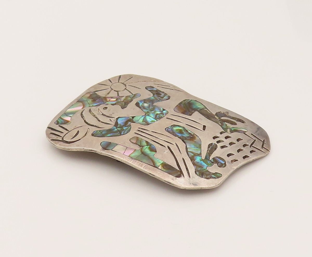 TAXCO 925 Sterling Silver Vintage Etched Background & Abalone Brooch Pin BP10225