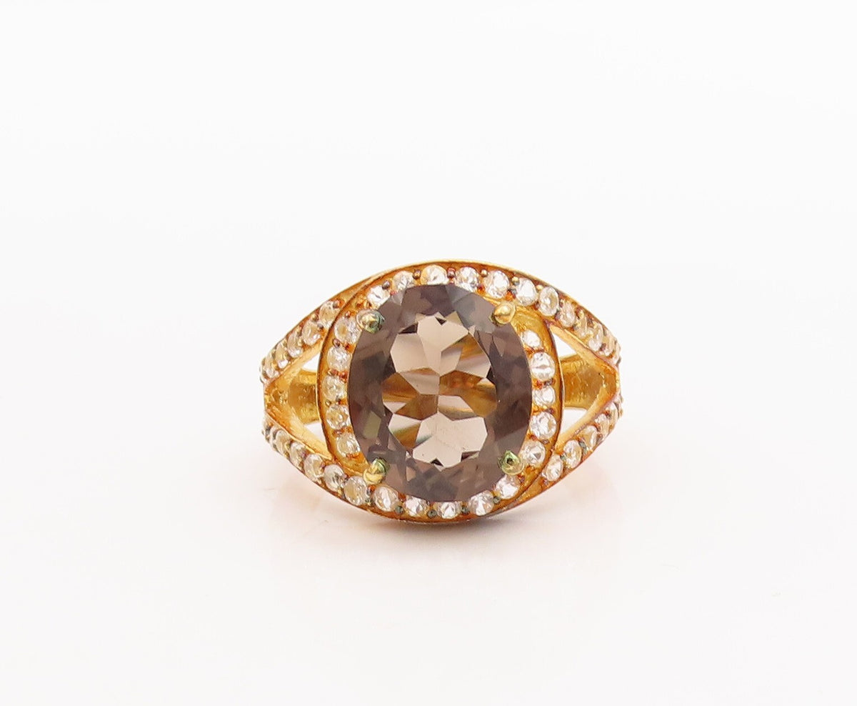 925 Sterling Silver Vintage Ring Gold Plated Smoky Quartz & Topaz  Sz 7  RG29373