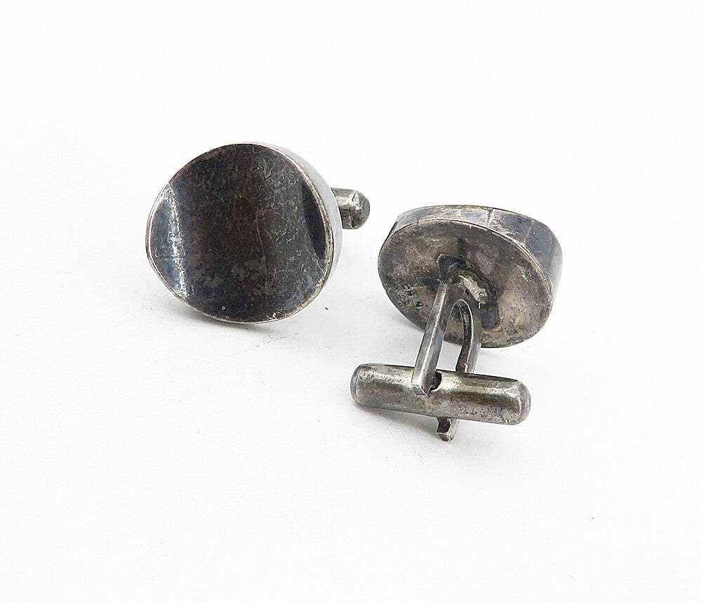 MEXICO 925 Sterling Silver  Vintage Dark Tone Concave Round Cuff Links  TR1336