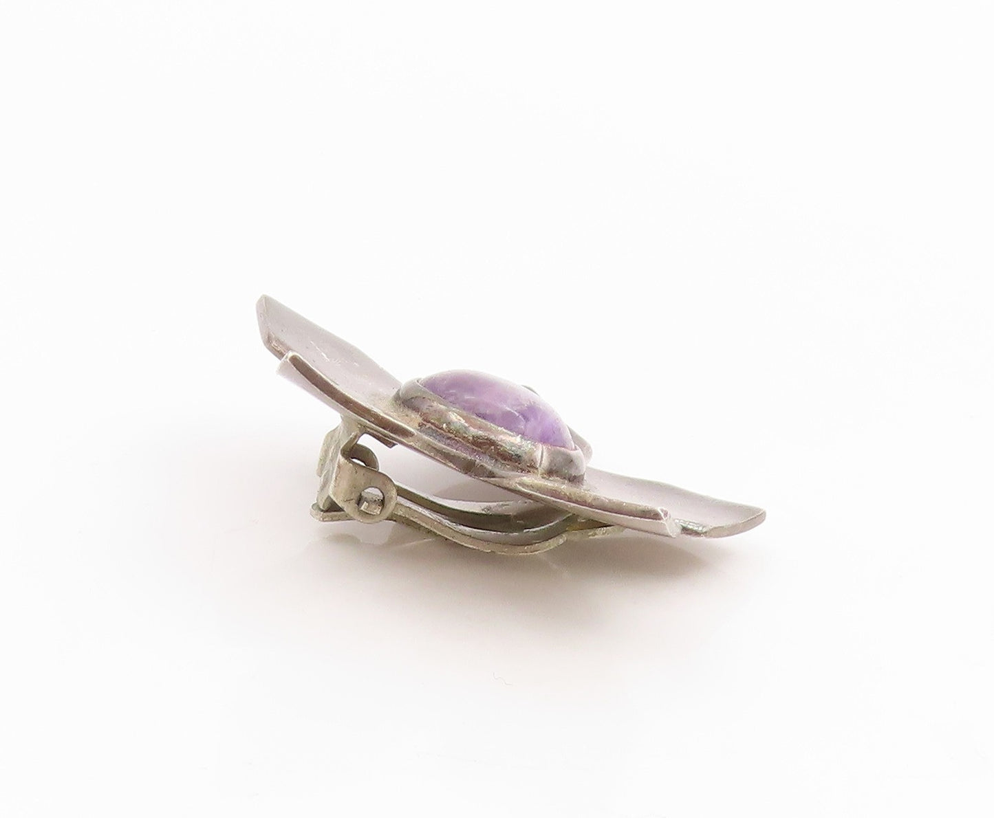 925 Sterling Silver Vintage Earrings MEXICO Cabochon Amethyst Flower  EG14093