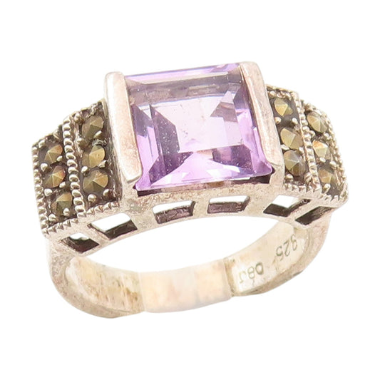 925 Sterling Silver Vintage Ring Amethyst & Marcasite Statement  Sz 7  RG34364