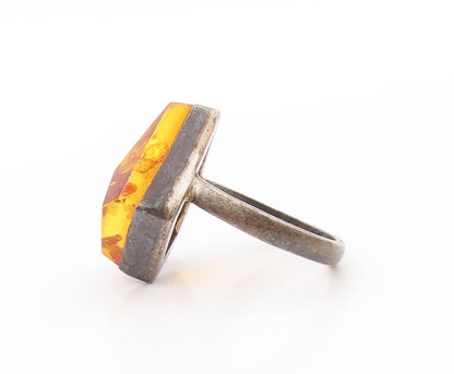 925 Sterling Silver Vintage Ring Amorphas Shape Cut Honey Amber  Sz 8.5  RG32677
