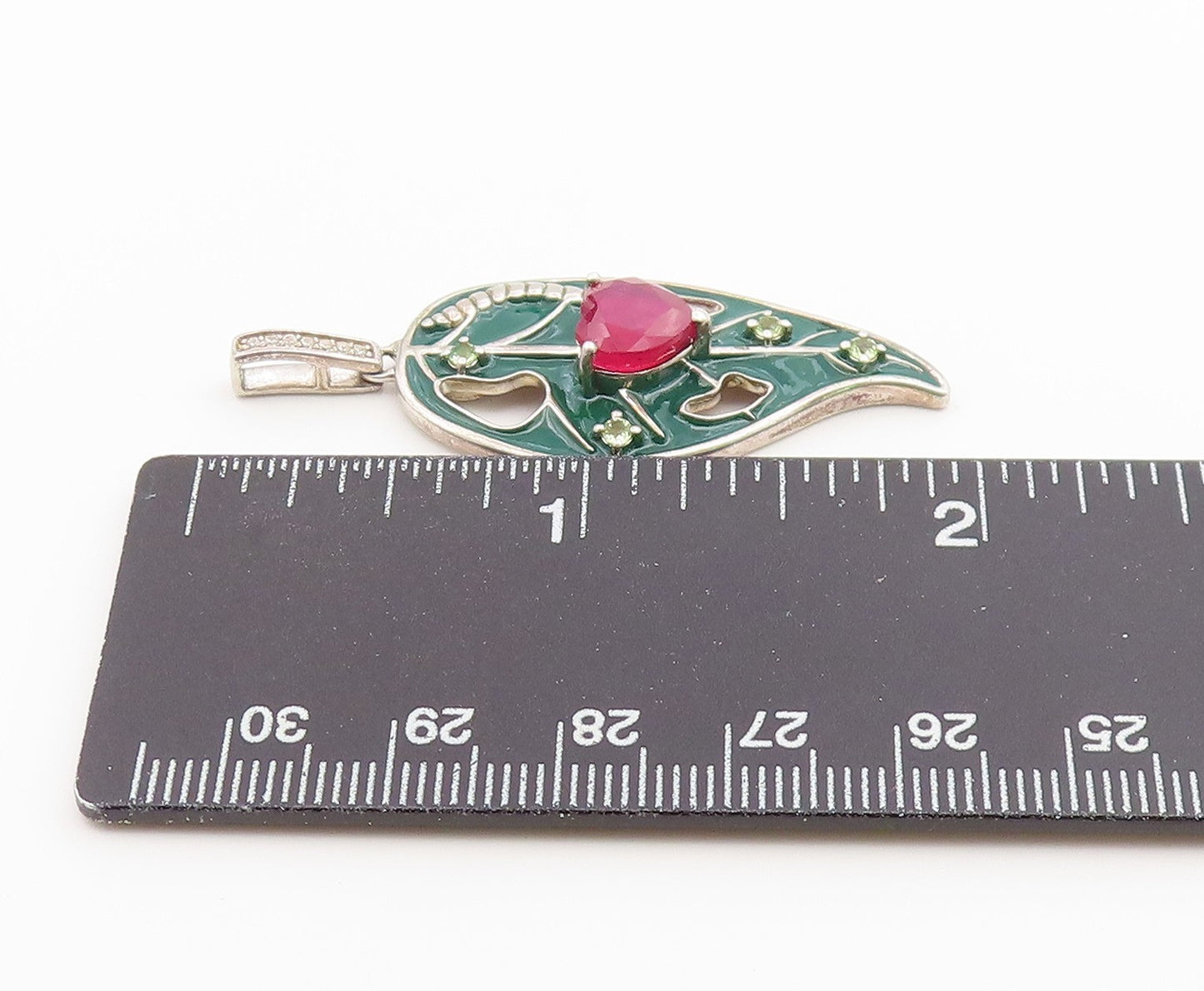 925 Sterling Silver Vintage Pendant Heart Ruby Enamel Leaf Cutout Charm  PT26561