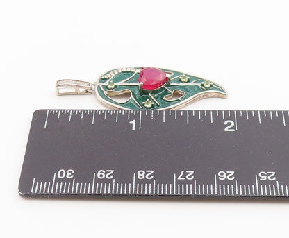 925 Sterling Silver Vintage Pendant Heart Ruby Enamel Leaf Cutout Charm  PT26561